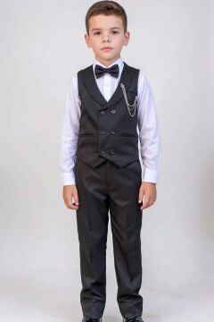 Erkek Çocuk Şal Yaka ve Cep Detaylı Cepken Gabardin Gömlek Papyonlu Siyah Takım Elbise