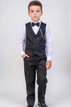 Erkek Çocuk Şal Yaka ve Cep Detaylı Cepken Gabardin Gömlek Papyonlu Siyah Takım Elbise