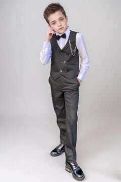 Erkek Çocuk Şal Yaka ve Cep Detaylı Cepken Gabardin Gömlek Papyonlu Siyah Takım Elbise