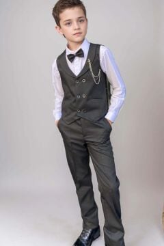 Erkek Çocuk Şal Yaka ve Cep Detaylı Cepken Gabardin Gömlek Papyonlu Siyah Takım Elbise