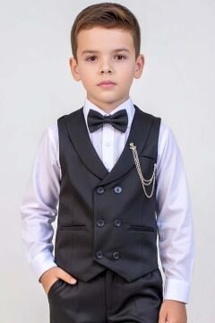 Erkek Çocuk Şal Yaka ve Cep Detaylı Cepken Gabardin Gömlek Papyonlu Siyah Takım Elbise