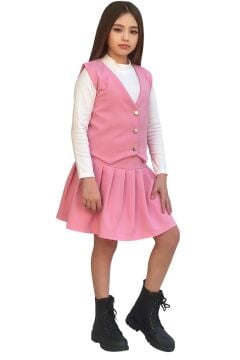 Kız Çocuk Balıkçı Yaka Kazak V Yaka Yelek Kemerli Pliseli Pembe Etekli Takım