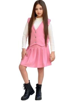 Kız Çocuk Balıkçı Yaka Kazak V Yaka Yelek Kemerli Pliseli Pembe Etekli Takım