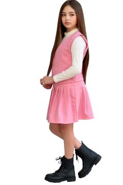 Kız Çocuk Balıkçı Yaka Kazak V Yaka Yelek Kemerli Pliseli Pembe Etekli Takım