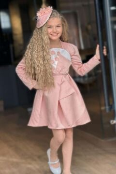 Kız Çocuk Kare Yaka Göğsü Pano Çiçek Asimetrik Kesim Pembe Elbise