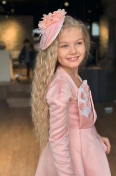 Kız Çocuk Kare Yaka Göğsü Pano Çiçek Asimetrik Kesim Pembe Elbise