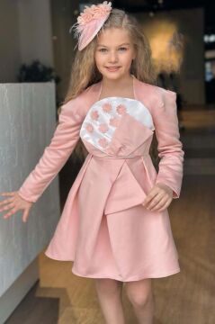 Kız Çocuk Kare Yaka Göğsü Pano Çiçek Asimetrik Kesim Pembe Elbise