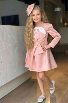 Kız Çocuk Kare Yaka Göğsü Pano Çiçek Asimetrik Kesim Pembe Elbise