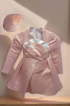 Kız Çocuk Kare Yaka Göğsü Pano Çiçek Asimetrik Kesim Pembe Elbise