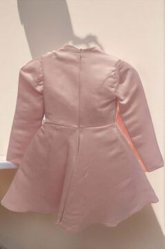 Kız Çocuk Kare Yaka Göğsü Pano Çiçek Asimetrik Kesim Pembe Elbise