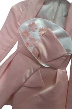 Kız Çocuk Kare Yaka Göğsü Pano Çiçek Asimetrik Kesim Pembe Elbise