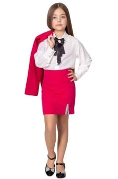 Kız Çocuk Elmas Taş Detaylı Hakim Yaka Blazer Ceket Kol Uçları Taş Düğme Gömlek Pembe Etekli Takım