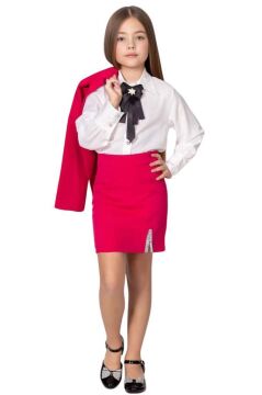 Kız Çocuk Elmas Taş Detaylı Hakim Yaka Blazer Ceket Kol Uçları Taş Düğme Gömlek Pembe Etekli Takım