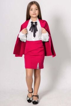 Kız Çocuk Elmas Taş Detaylı Hakim Yaka Blazer Ceket Kol Uçları Taş Düğme Gömlek Pembe Etekli Takım