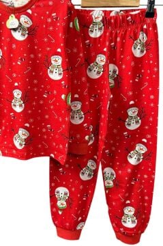 Erkek Çocuk Üzeri Kardan Adam ve Noel Baskılı Kırmızı Pijama Takımı