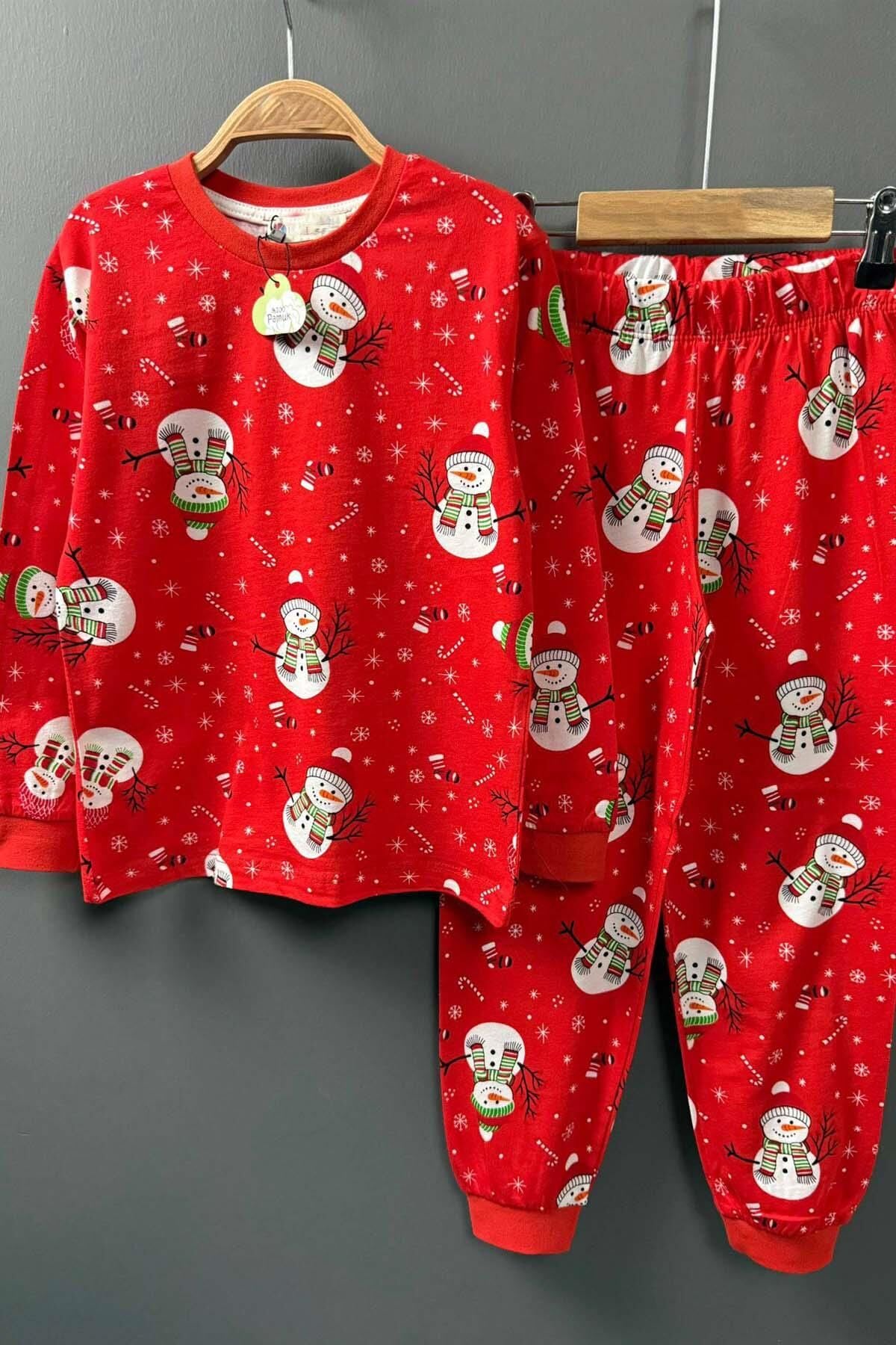 Erkek Çocuk Üzeri Kardan Adam ve Noel Baskılı Kırmızı Pijama Takımı