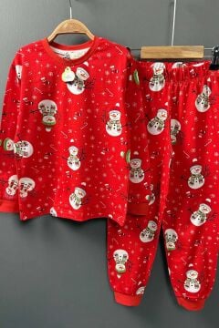 Erkek Çocuk Üzeri Kardan Adam ve Noel Baskılı Kırmızı Pijama Takımı