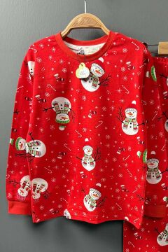 Erkek Çocuk Üzeri Kardan Adam ve Noel Baskılı Kırmızı Pijama Takımı