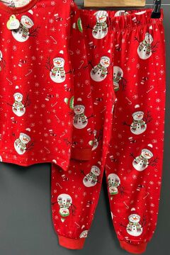 Erkek Çocuk Üzeri Kardan Adam ve Noel Baskılı Kırmızı Pijama Takımı