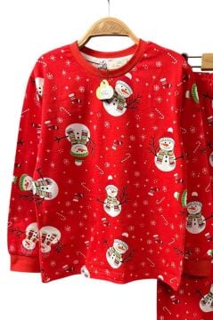 Erkek Çocuk Üzeri Kardan Adam ve Noel Baskılı Kırmızı Pijama Takımı