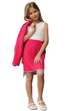 Kız Çocuk Dökümlü Kristal Taş Detaylı Fuşya Etekli Takım