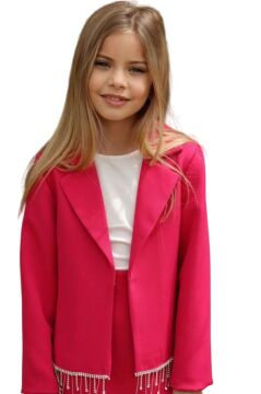 Kız Çocuk Dökümlü Kristal Taş Detaylı Fuşya Etekli Takım