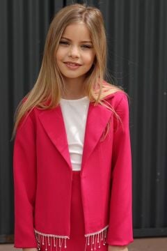 Kız Çocuk Dökümlü Kristal Taş Detaylı Fuşya Etekli Takım