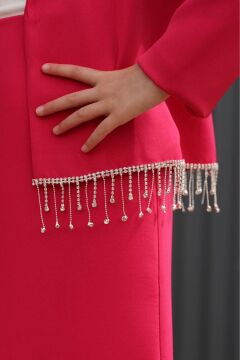 Kız Çocuk Dökümlü Kristal Taş Detaylı Fuşya Etekli Takım