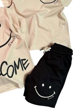 Erkek Çocuk Welcome Yazı ve Smile Baskılı Penye Tişört Siyah Şortlu Takım