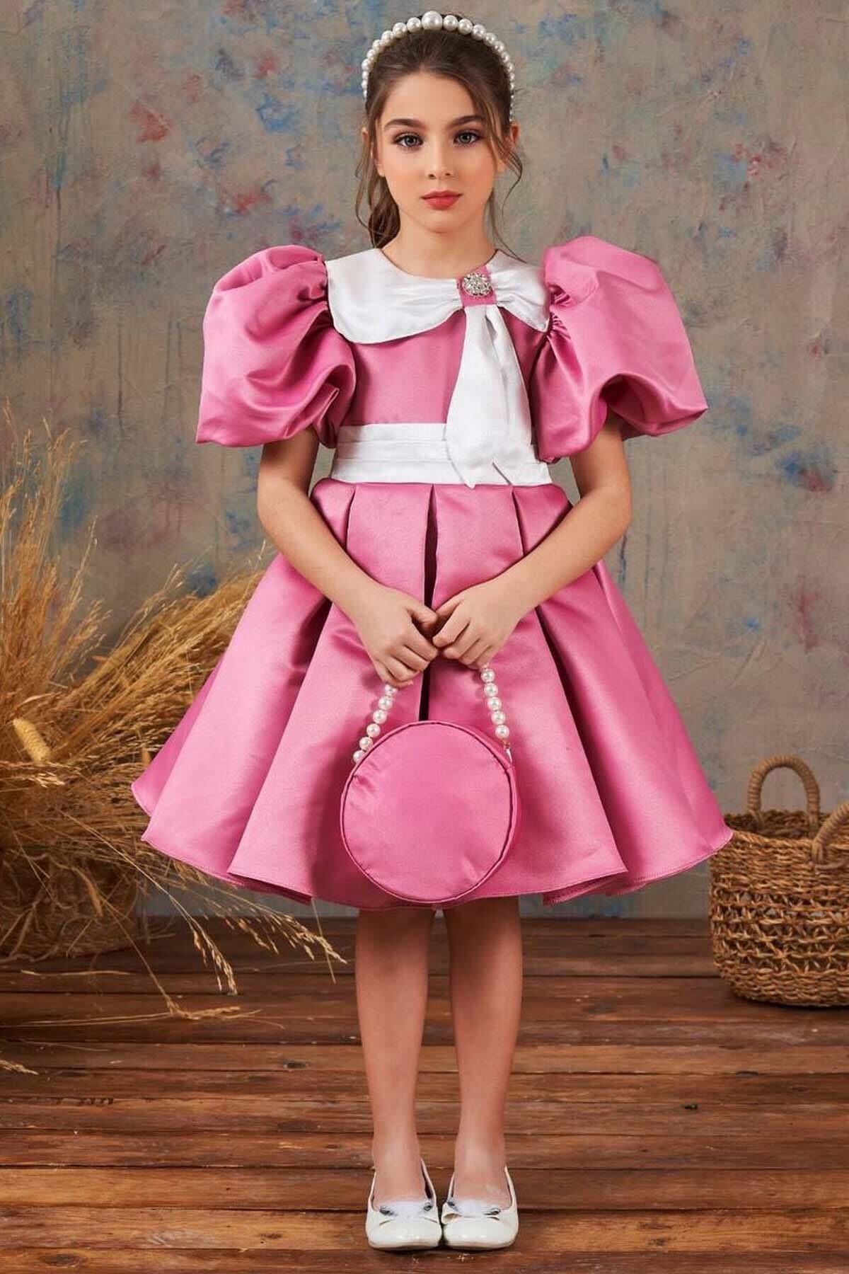 Kız Çocuk Bebe Yakalı Yakası Kurdela ve Beli Şerit Detaylı Balon Kollu Pileli Pudra Abiye