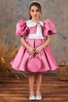 Kız Çocuk Bebe Yakalı Yakası Kurdela ve Beli Şerit Detaylı Balon Kollu Pileli Pudra Abiye