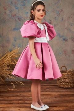 Kız Çocuk Bebe Yakalı Yakası Kurdela ve Beli Şerit Detaylı Balon Kollu Pileli Pudra Abiye