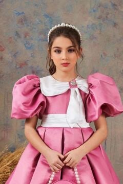 Kız Çocuk Bebe Yakalı Yakası Kurdela ve Beli Şerit Detaylı Balon Kollu Pileli Pudra Abiye