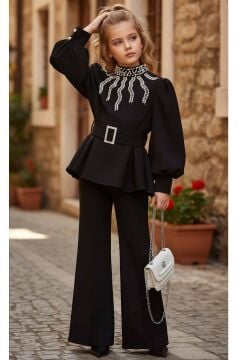 Kız Çocuk Yakası İnci Detaylı ve Astarlı Bluz Bol Kesim Pantolon Kemerli Siyah Alt Üst Takım
