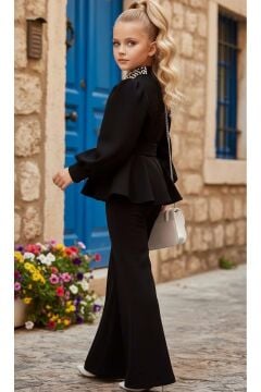 Kız Çocuk Yakası İnci Detaylı ve Astarlı Bluz Bol Kesim Pantolon Kemerli Siyah Alt Üst Takım