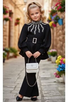 Kız Çocuk Yakası İnci Detaylı ve Astarlı Bluz Bol Kesim Pantolon Kemerli Siyah Alt Üst Takım