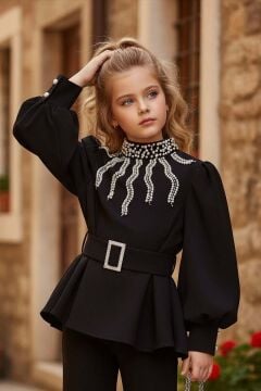 Kız Çocuk Yakası İnci Detaylı ve Astarlı Bluz Bol Kesim Pantolon Kemerli Siyah Alt Üst Takım