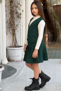 Kız Çocuk Balıkçı Yaka Kazak V Yaka Yelek Kemerli Pliseli Yeşil Etekli Takım