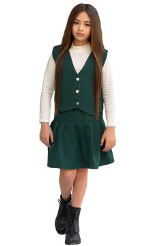 Kız Çocuk Balıkçı Yaka Kazak V Yaka Yelek Kemerli Pliseli Yeşil Etekli Takım