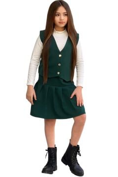 Kız Çocuk Balıkçı Yaka Kazak V Yaka Yelek Kemerli Pliseli Yeşil Etekli Takım