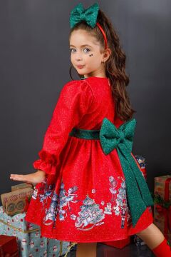 Kız Çocuk Bebe Yakalı Noel Baskılı Puantiyeli Kırmızı Elbise