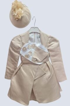 Kız Çocuk Kare Yaka Göğsü Pano Çiçek Asimetrik Kesim Krem Elbise