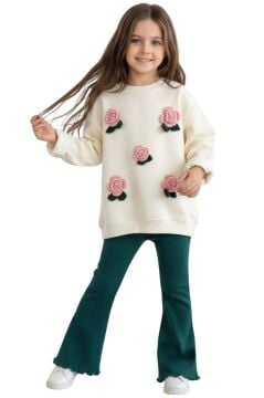 Kız Çocuk Üzeri Gül Figürlü 3 İplik Krem Kazak Bol Kesim Skuba Kumaş Alt Üst Takım