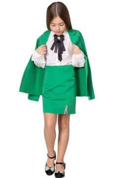 Kız Çocuk Elmas Taş Detaylı Hakim Yaka Blazer Ceket Kol Uçları Taş Düğme Gömlek Yeşil Etekli Takım