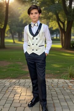 Erkek Çocuk Şerit Yaka ve Cep Detaylı Beyaz Cepken Gabardin Gömlek Papyonlu Takım Elbise