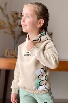 Kız Çocuk Stay Wonderful Çiçek Desenli İçi Pamuklu Yeşil Eşofman Takım