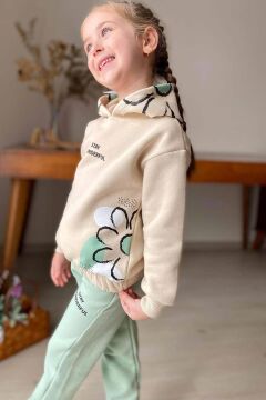 Kız Çocuk Stay Wonderful Çiçek Desenli İçi Pamuklu Yeşil Eşofman Takım