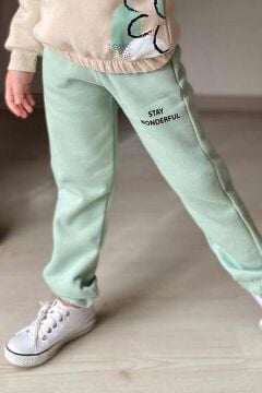 Kız Çocuk Stay Wonderful Çiçek Desenli İçi Pamuklu Yeşil Eşofman Takım