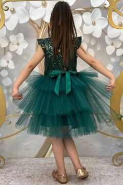 Kız Çocuk Üstü Pulpayet İşlemeli Katkat Yeşil Abiye 4-9 Yaş