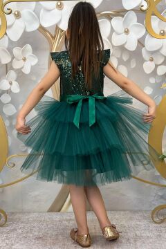 Kız Çocuk Üstü Pulpayet İşlemeli Katkat Yeşil Abiye 4-9 Yaş